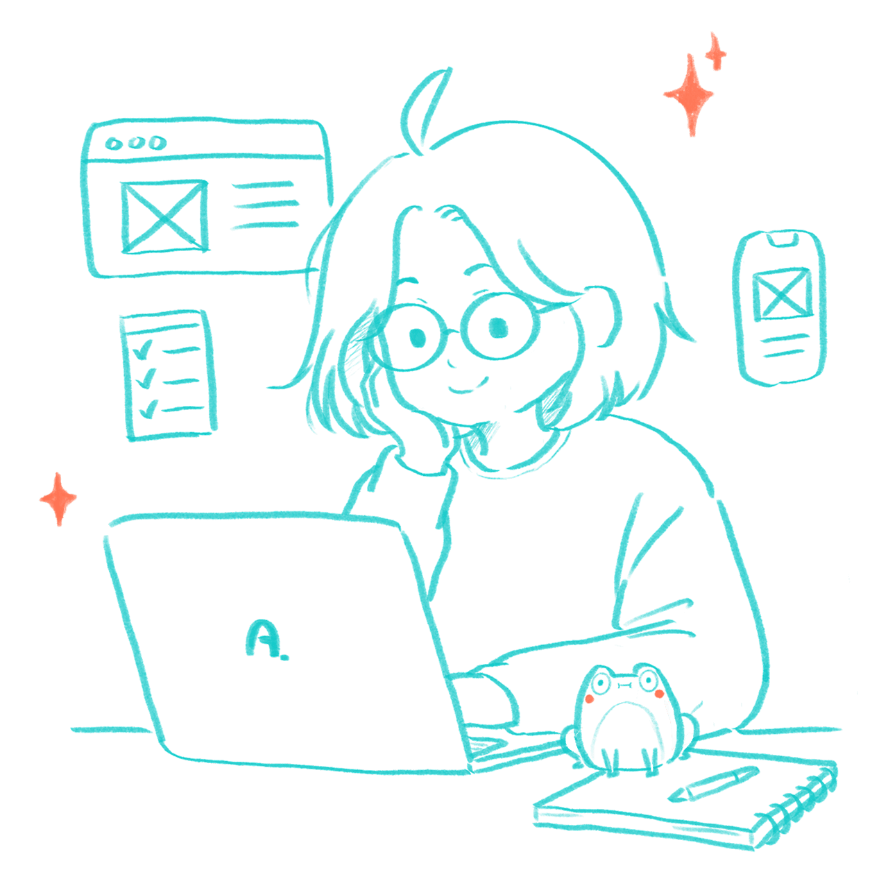 Line illustration of An Ny sitting at her laptop with glasses on, surrounded by app icons, sparkles and a small frog